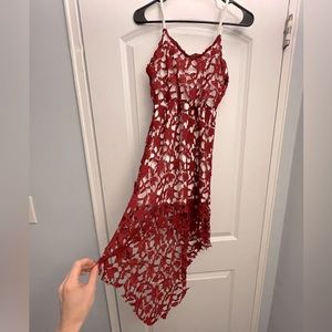 Hi-low dark red dress with white underlay. Size SMALL.